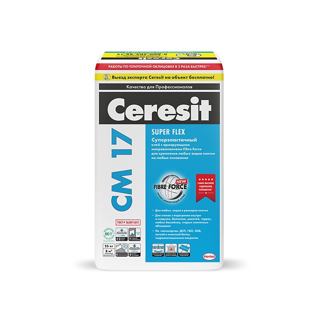 Клей для плитки Ceresit CM 17 суперэластичный, 25 кг